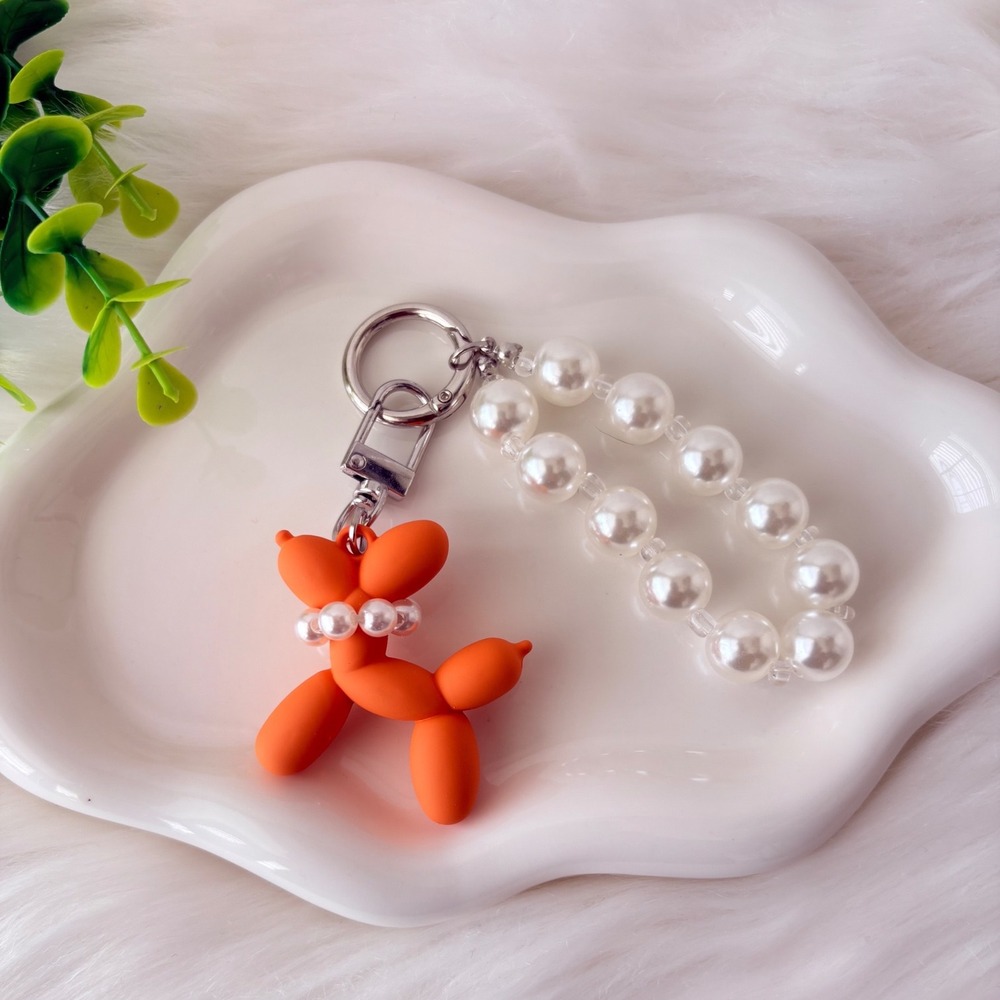 Orange Balloon Dog Keychain/ Bag Charm Pearl Detail - Picture 2 of 5